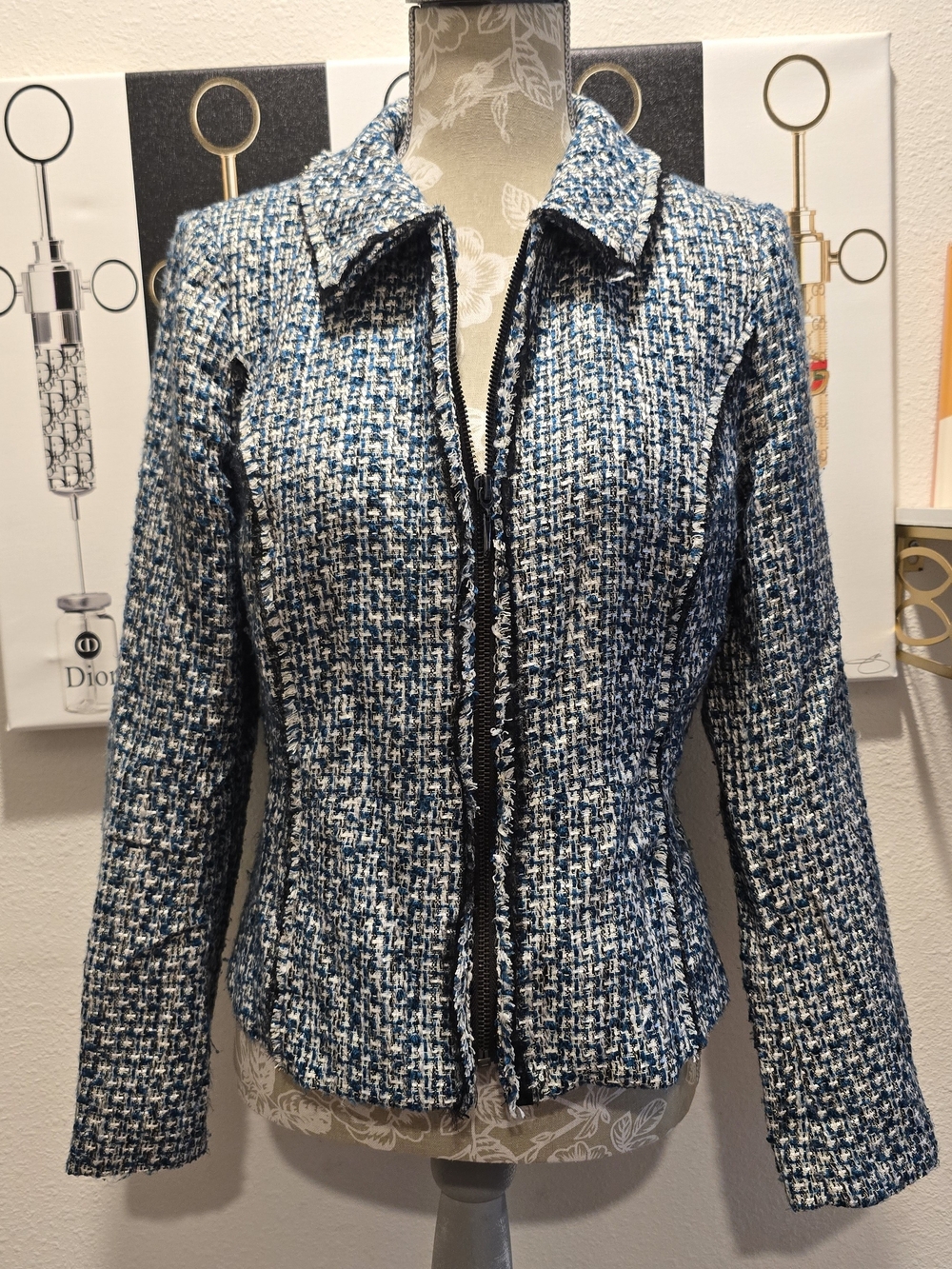 Women's Blue Tweed Zip-Front Blazer Jacket